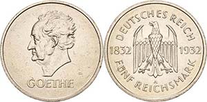 Gedenkausgaben 5 Reichsmark 1932 A Goethe  ... 