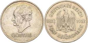Gedenkausgaben 5 Reichsmark 1932 A Goethe  ... 