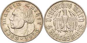 Gedenkausgaben 5 Reichsmark 1933 F Luther  ... 