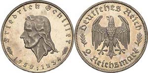 Gedenkausgaben 2 Reichsmark 1934 F Schiller  ... 