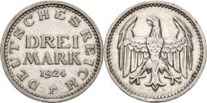 Kleinmünzen  3 Mark 1924 F Mit Randschrift: ... 