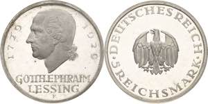 Gedenkausgaben  5 Reichsmark 1929 F Lessing  ... 