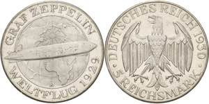 Gedenkausgaben  5 Reichsmark 1930 J Zeppelin ... 