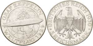 Gedenkausgaben  5 Reichsmark 1930 J Zeppelin ... 