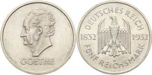 Gedenkausgaben  5 Reichsmark 1932 D Goethe  ... 