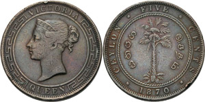 Ceylon Victoria 1837-1901 5 Cents 1870.  KM ... 