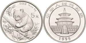 China-Volksrepublik  5 Yuan 1995 Panda. 1/2 ... 