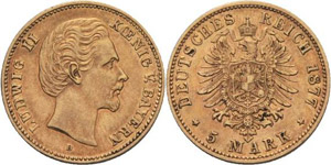 Bayern Ludwig II. 1864-1886 5 Mark 1877 D  ... 