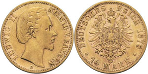 Bayern Ludwig II. 1864-1886 10 Mark 1878 D  ... 