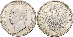 Anhalt Friedrich II. 1904-1918 3 Mark 1909 A ... 