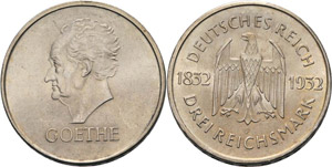Gedenkausgaben  3 Reichsmark 1932 F Goethe  ... 