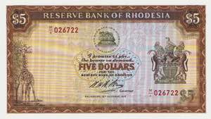 Ausland Rhodesien 5 Dollars 16.10.1972.  WPM ... 