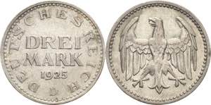 Kleinmünzen  3 Mark 1925 D  Jaeger 312 ... 