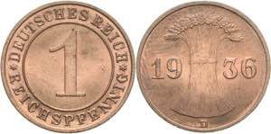 Kleinmünzen  1 Reichspfennig 1936 D  Jaeger ... 