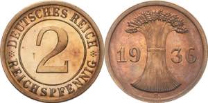 Kleinmünzen  2 Reichspfennig 1936 E  Jaeger ... 