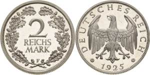 Kleinmünzen  2 Reichsmark 1925 F  Jaeger ... 