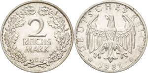Kleinmünzen  2 Reichsmark 1931 G  Jaeger ... 