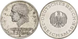 Gedenkausgaben  3 Reichsmark 1929 F Lessing  ... 
