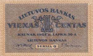Ausland Litauen 1 Centas 16.11.1922.  WPM 7 I