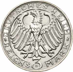  3 Reichsmark 1928 D Dürer  Jaeger 332 ... 