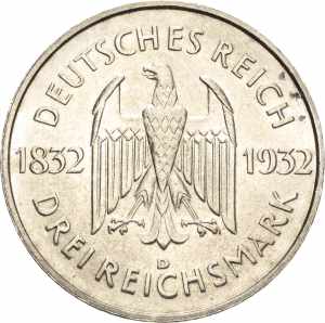  3 Reichsmark 1932 D Goethe  Jaeger 350 Kl. ... 