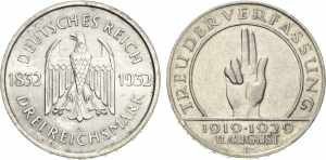 Weimarer RepublikLot-2 Stück 3 Reichsmark - ... 
