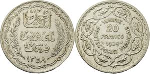 Tunesien Ahmed Pasha Bey 1929-1942 20 Francs ... 