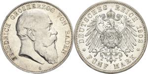 Baden Friedrich I. 1856-1907 5 Mark 1902 G  ... 