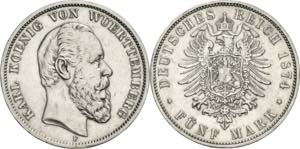 Württemberg Karl 1864-1891 5 Mark 1874 F  ... 