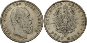 Württemberg Karl 1864-1891 5 Mark 1888 F  ... 