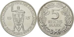 5 Reichsmark 1925 A Rheinlande  Jaeger 322 ... 