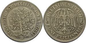 5 Reichsmark 1927 D Eichbaum  Jaeger 331 ... 