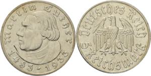 5 Reichsmark 1933 E Luther  Jaeger 353 Fast ... 