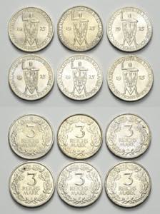 Weimarer Republik  Lot-6 Stück 3 Reichsmark ... 