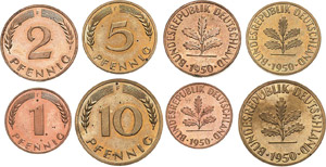Kursmünzen  1, 2, 5 und 10 Pfennig 1950 F  ... 