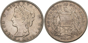 Guatemala  Peso 1882.  KM 208 Selten, Sehr ... 