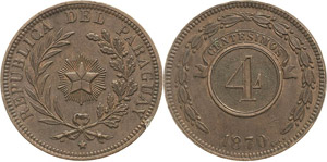 Paraguay Republik 4 Centesimos 1870.  KM 4.1 ... 