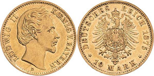 Bayern Ludwig II. 1864-1886 10 Mark 1875 D  ... 