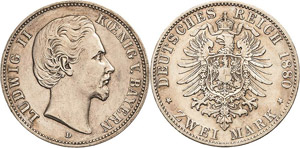 Bayern Ludwig II. 1864-1886 2 Mark 1880 D  ... 