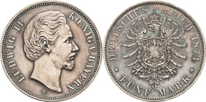 Bayern Ludwig II. 1864-1886 5 Mark 1874 D  ... 