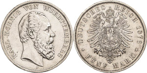 Württemberg Karl 1864-1891 5 Mark 1876 F  ... 