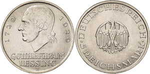 Gedenkausgaben  5 Reichsmark 1929 E Lessing  ... 