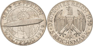 Gedenkausgaben  5 Reichsmark 1930 E Zeppelin ... 