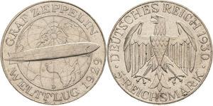 Gedenkausgaben  5 Reichsmark 1930 D Zeppelin ... 