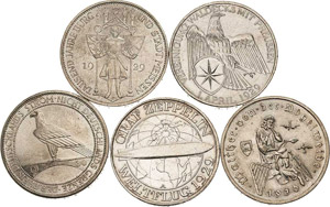 Weimarer Republik Lot-5 Stück 3 Reichsmark ... 