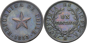 Chile Republik 1 Centavo 1853.  KM 127 Sehr ... 