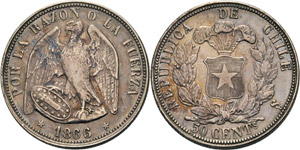 Chile Republik 50 Centavos 1866, So-Santiago ... 
