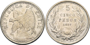 Chile Republik 5 Pesos 1927, So-Santiago  KM ... 