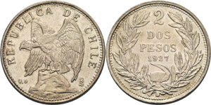 Chile Republik 2 Pesos 1927, So-Santiago  KM ... 
