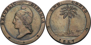 Liberia  2 Cents 1847.  KM 2 Sehr schön